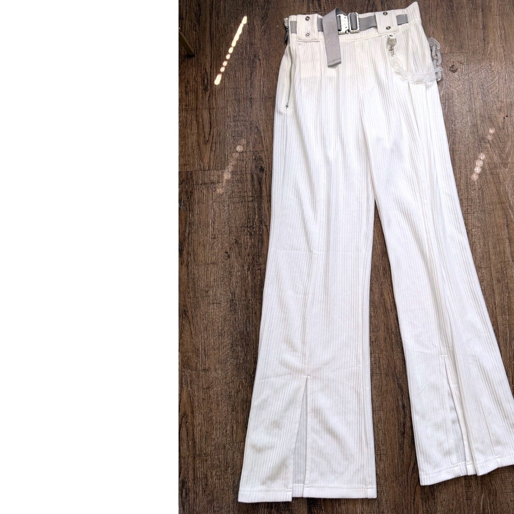 Manière De Voir White Ribbed Wide Leg Utility‎ Pants with Buckle Belt Size 8